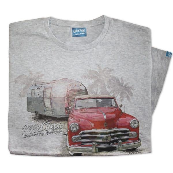 1964 Airstream Safari being towed by a 1950 Dodge wayfarer roadster Mens T-Shirt